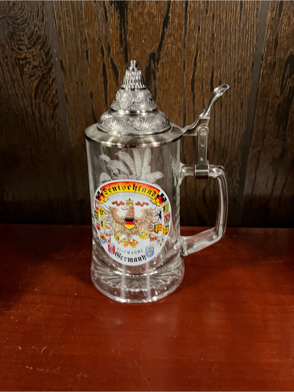 German Heraldic Glass Beer Stein with Pewter Lid - Clear
